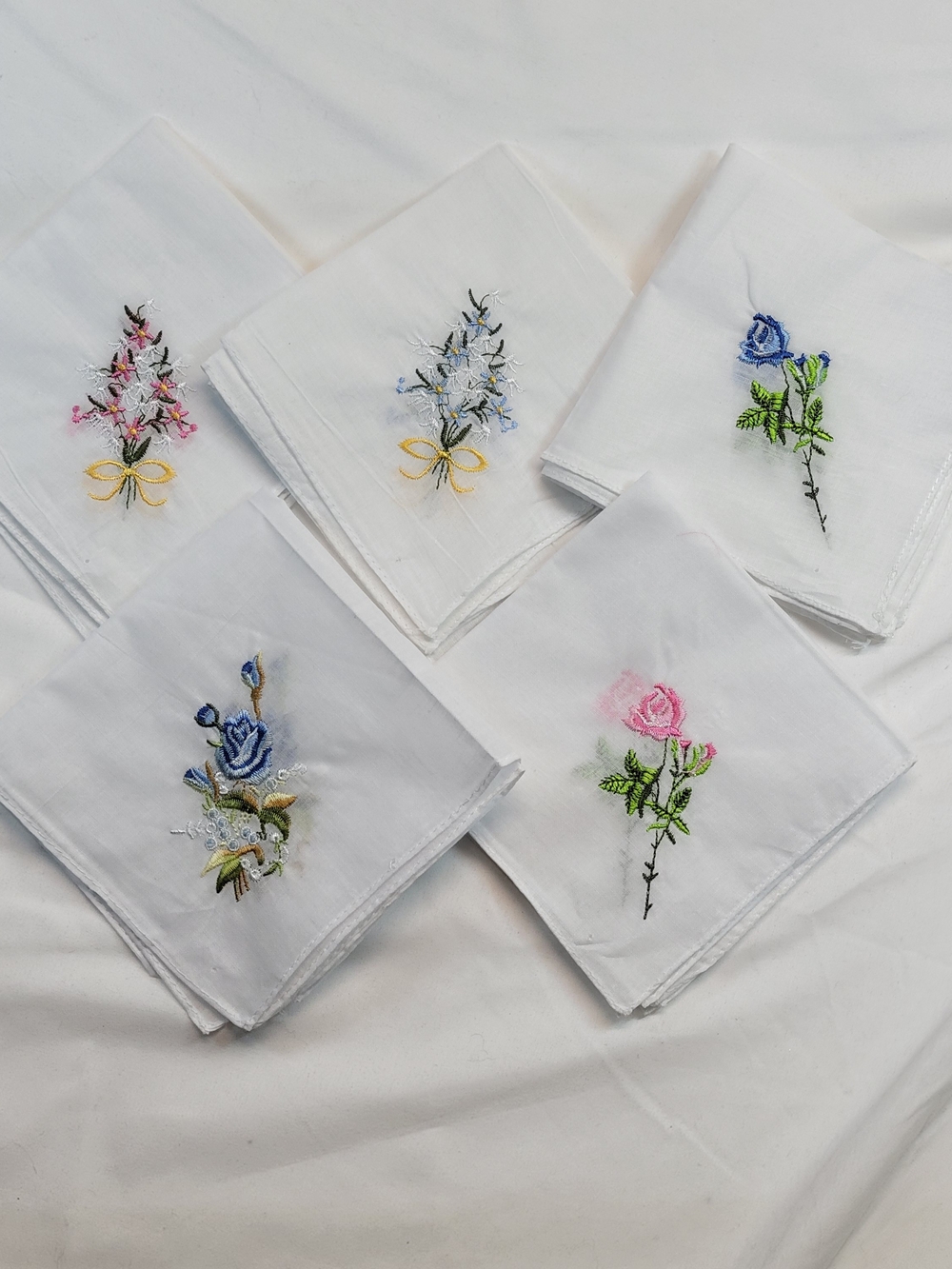 Vintage Cotton Embroidered Hankies Lot of 10 Floral Handkerchiefs Rose Bouquet